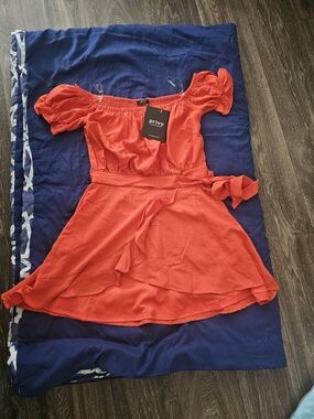 privy Bright Orange Off-Shoulder Puff Sleeve Wrap Dress